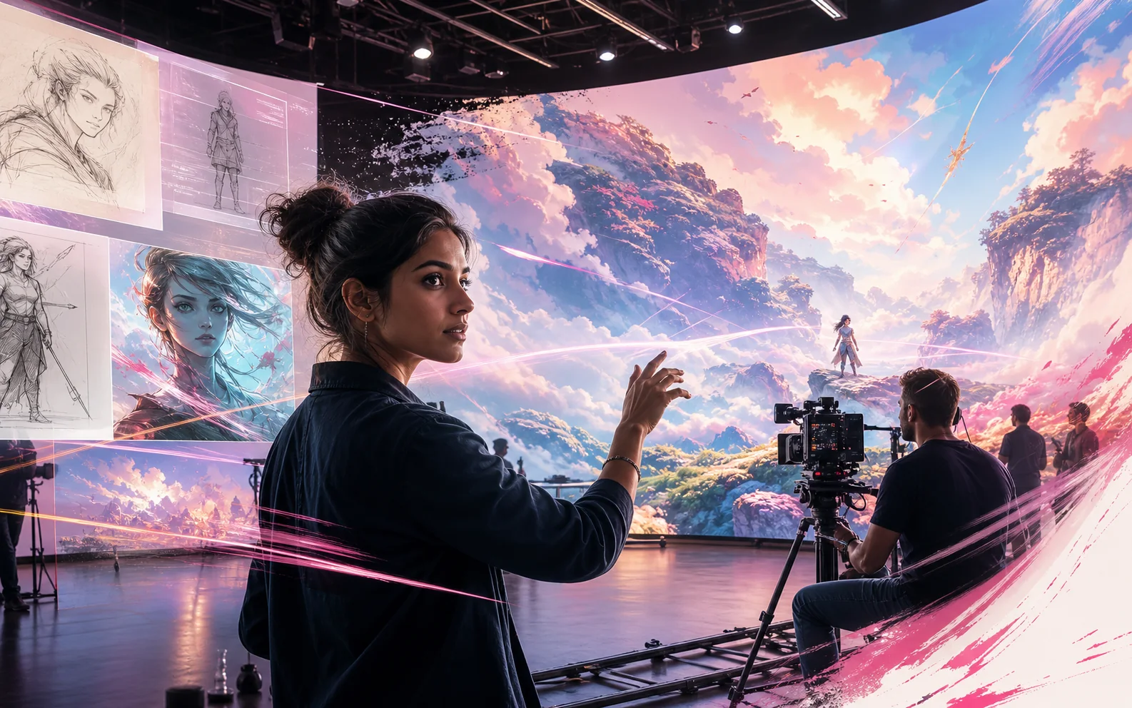 A creative director guiding an AI filmmaking environment on a virtual production stage