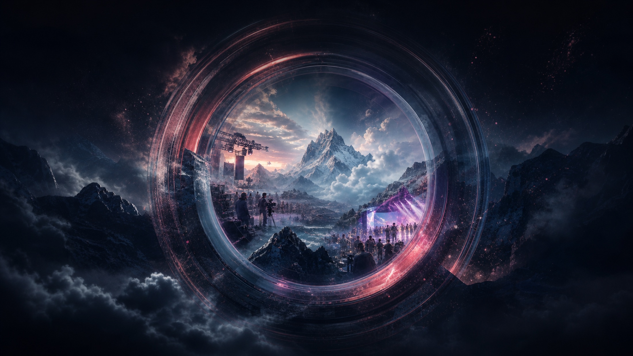 A cinematic aperture opening onto mountains, a film set and a live experience