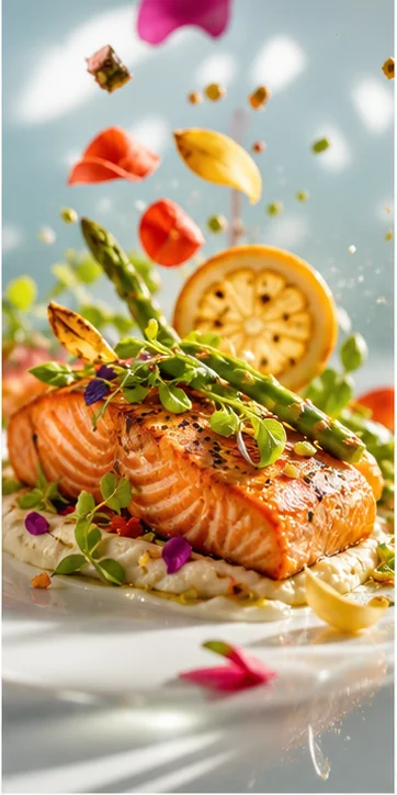 Dynamic cinematic food campaign with grilled salmon
